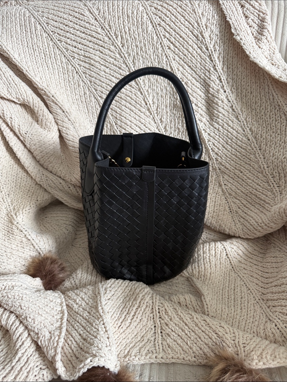 Genuine Leather Woven Bucket Bag with Drawstring Inner Pouch